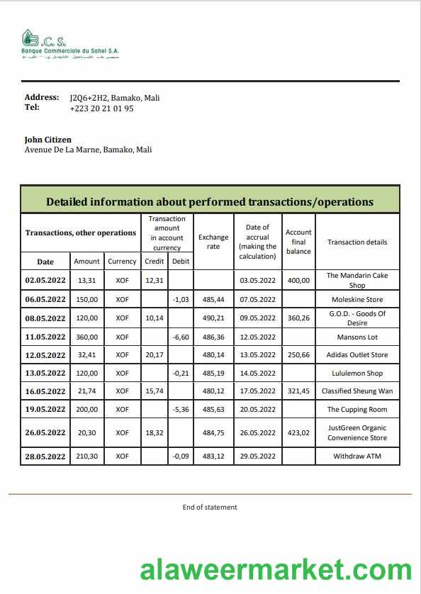 Mali Banque Commerciale du Sahel bank statement template in Word and PDF format, .doc and .pdf format